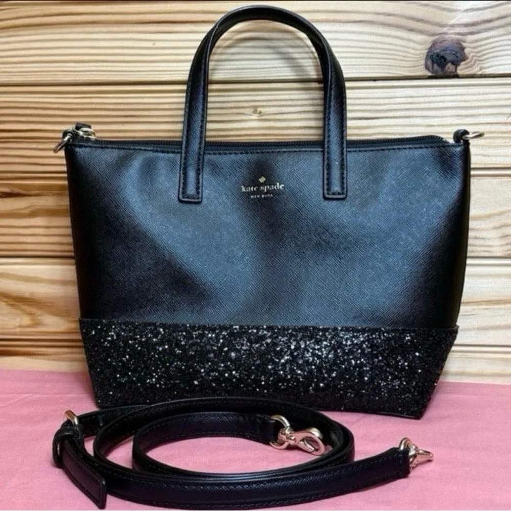 Kate Spade Ina Greta Court Black Glitter sparkle Satchel Mini Tote crossbody